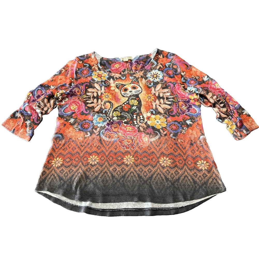 Energe World Wear Floral Artsy Top Candy Skull Cat Size XL Art You Wear